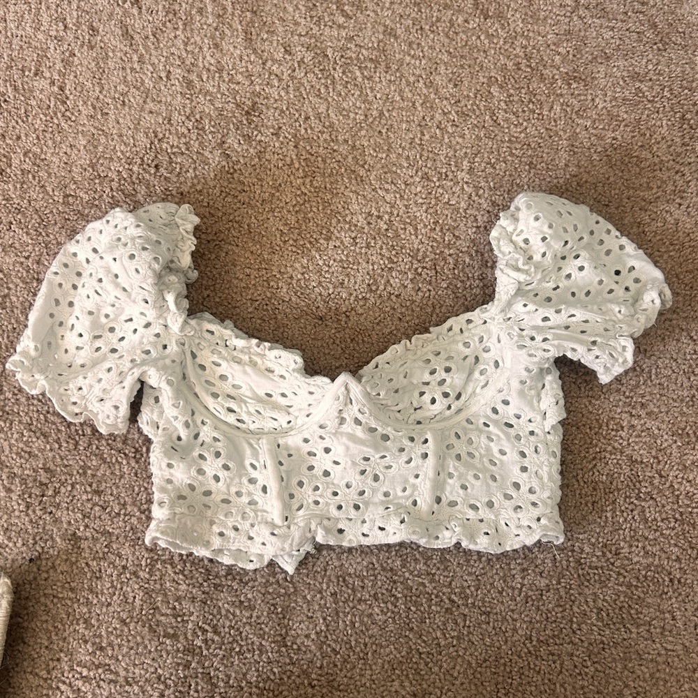 For Love & Lemons White Eyelet Puff Sleeve Crop Top